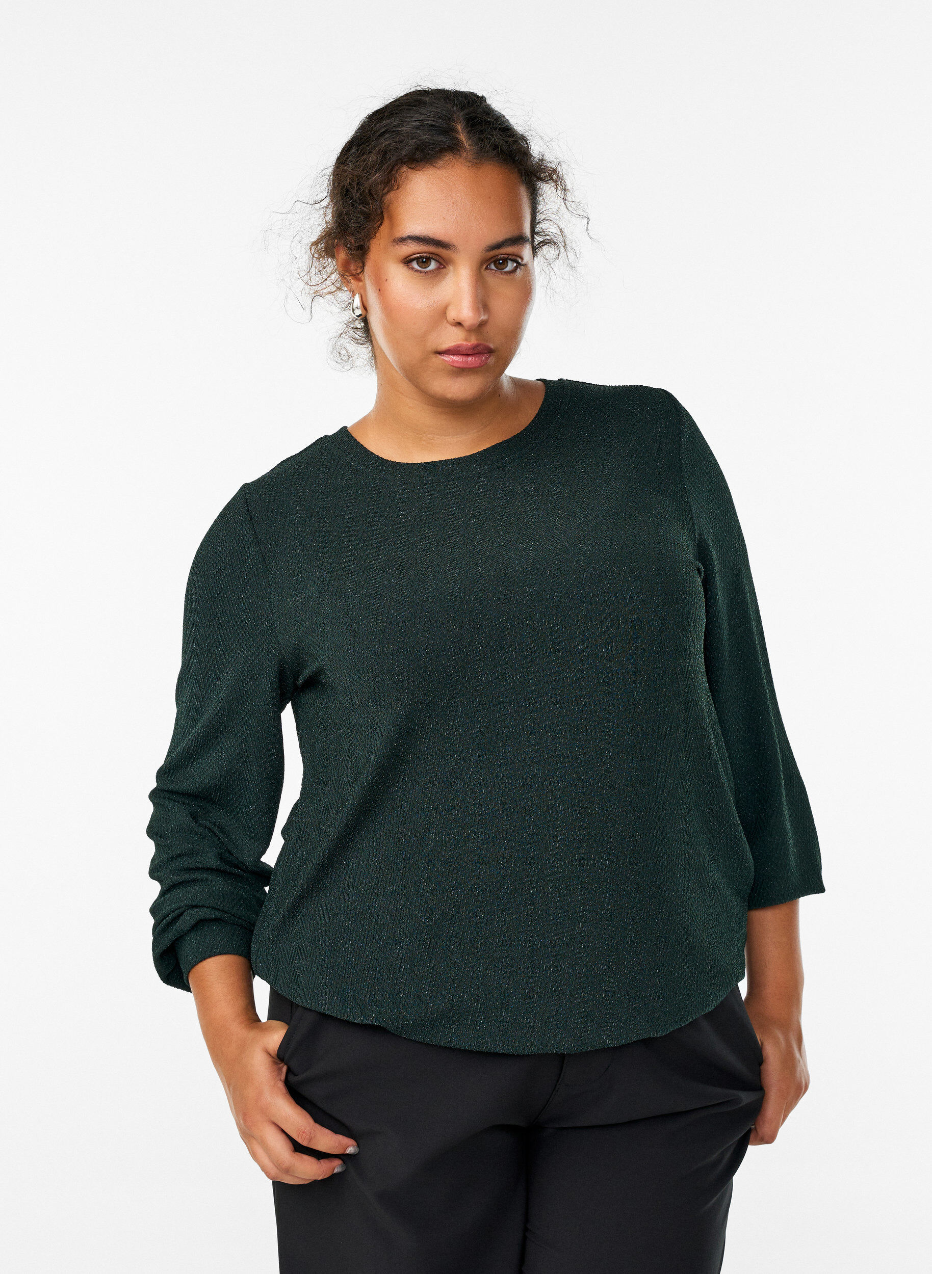 ZizzifashionBlouse with herringbone pattern and glitter thread, Green, Model image number 0