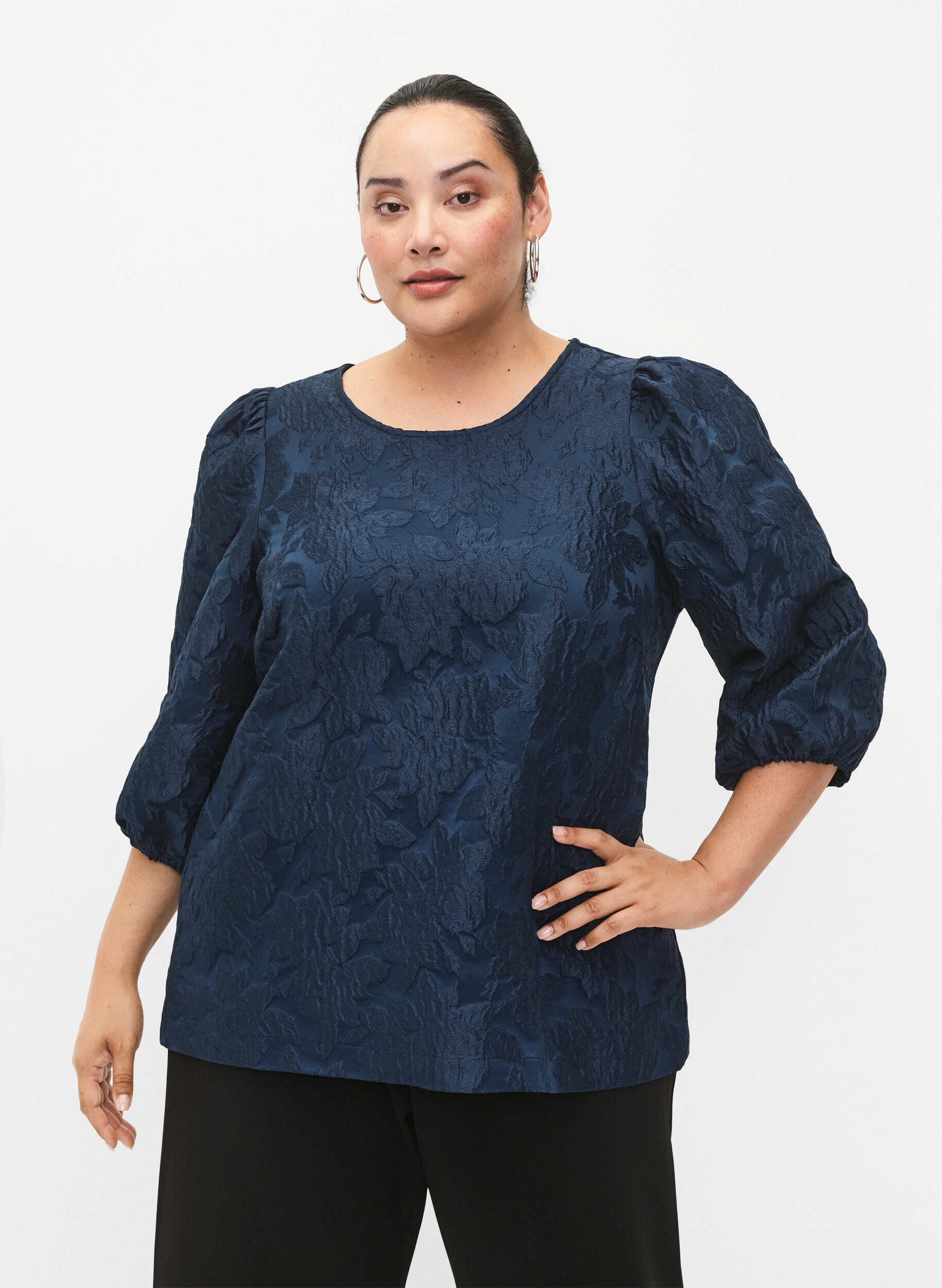 Zizzifashion Jacquard blouse with 3/4 sleeves, Titan, Model image number 0