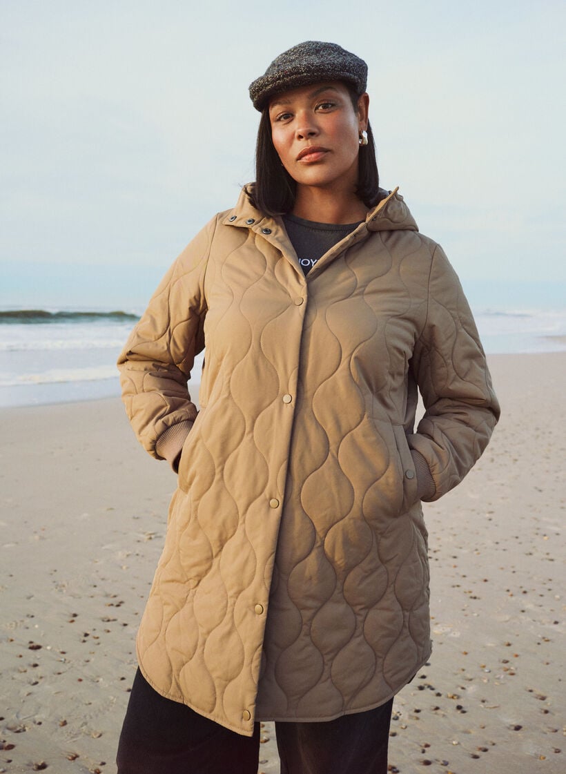 Mid-length quilted jacket with a hood, Brown, Image