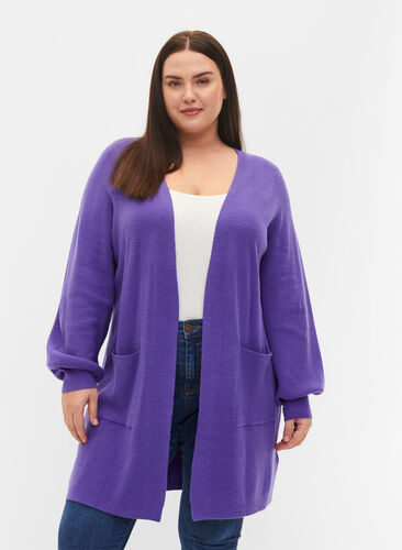 Long knitted cardigan with balloon sleeves, Purple Opulence, Model image number 0