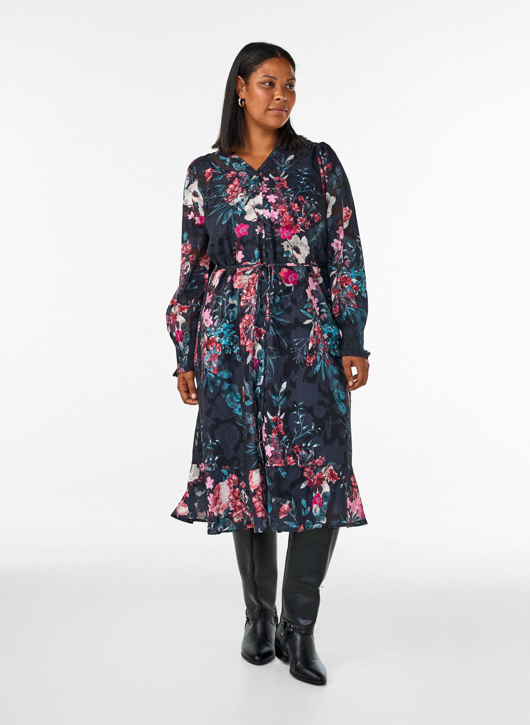 ZizzifashionFloral midi dress with woven texture and tie-belt, Black, Model image number 0