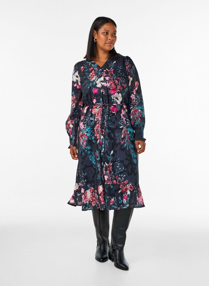 Floral midi dress with woven texture and tie-belt, Black, Model image number 0