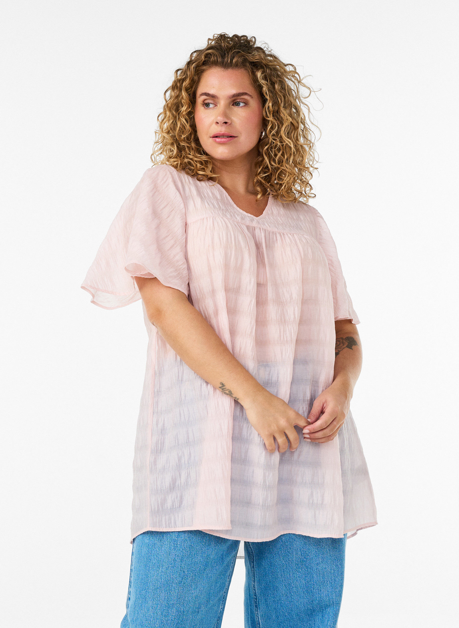 Tunic in lyocell with flutter sleeves, Rose, Model