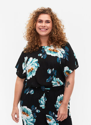 Short-sleeved viscose blouse with a floral print, Black Big Flower, Model image number 0