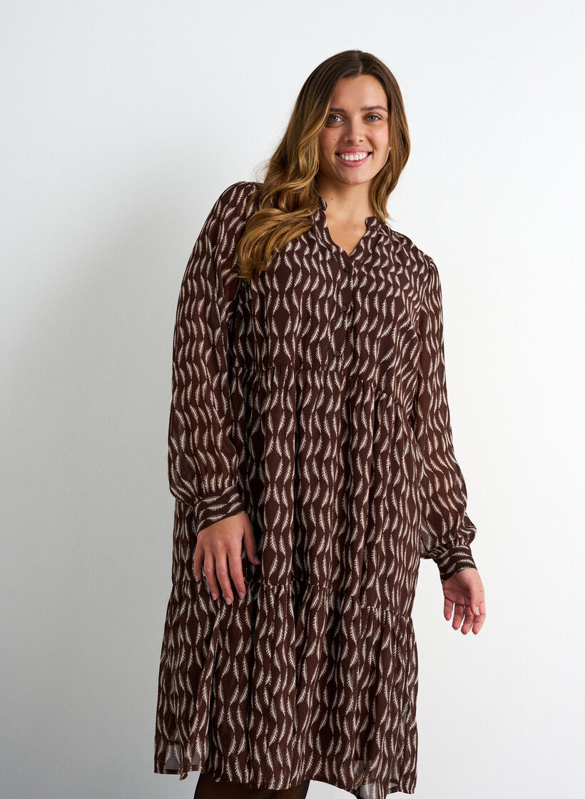 Dress with all-over print and a ruffle layer, Brown, Model image number 2