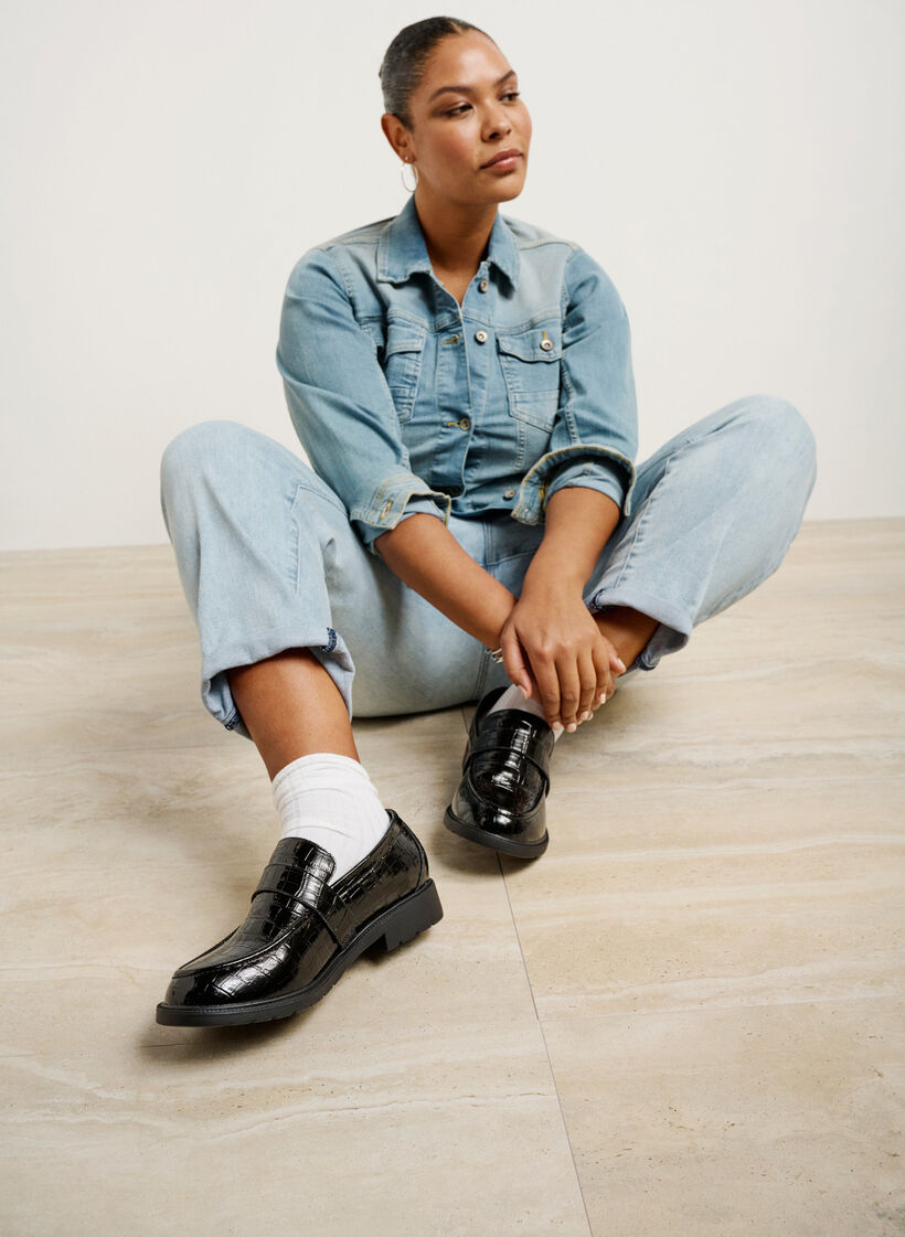 Wide fit croco loafers in leather, Black, Image image number 0