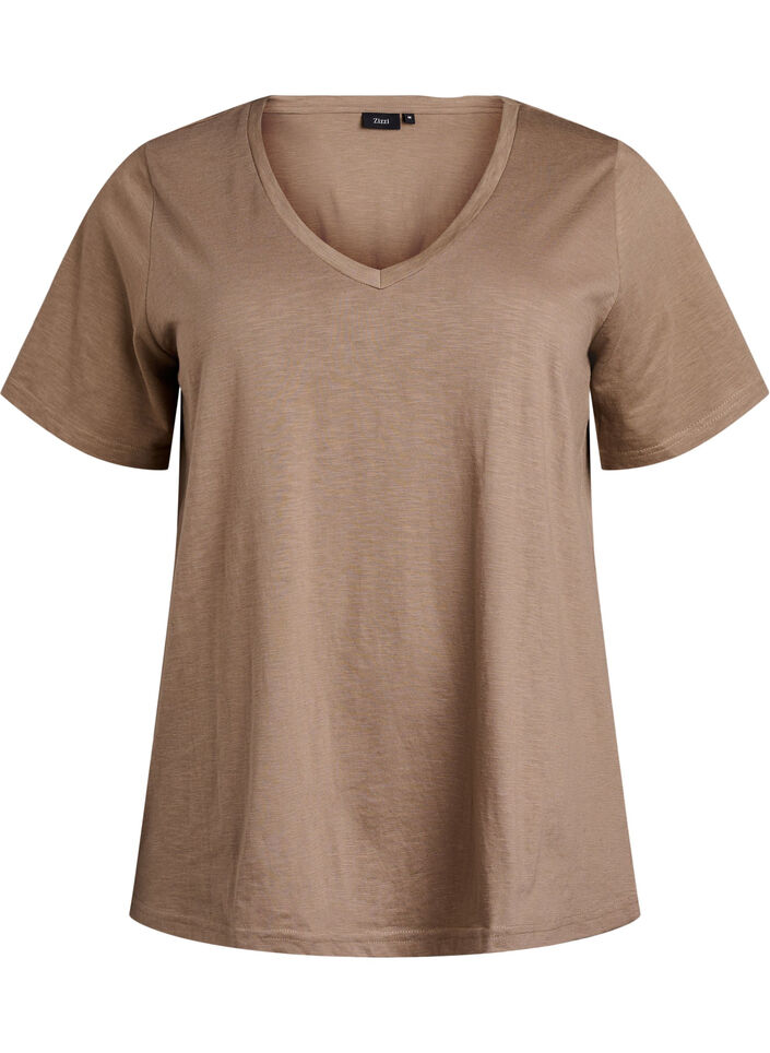 Short sleeve basic t-shirt with v-neck, Brown, Packshot image number 0