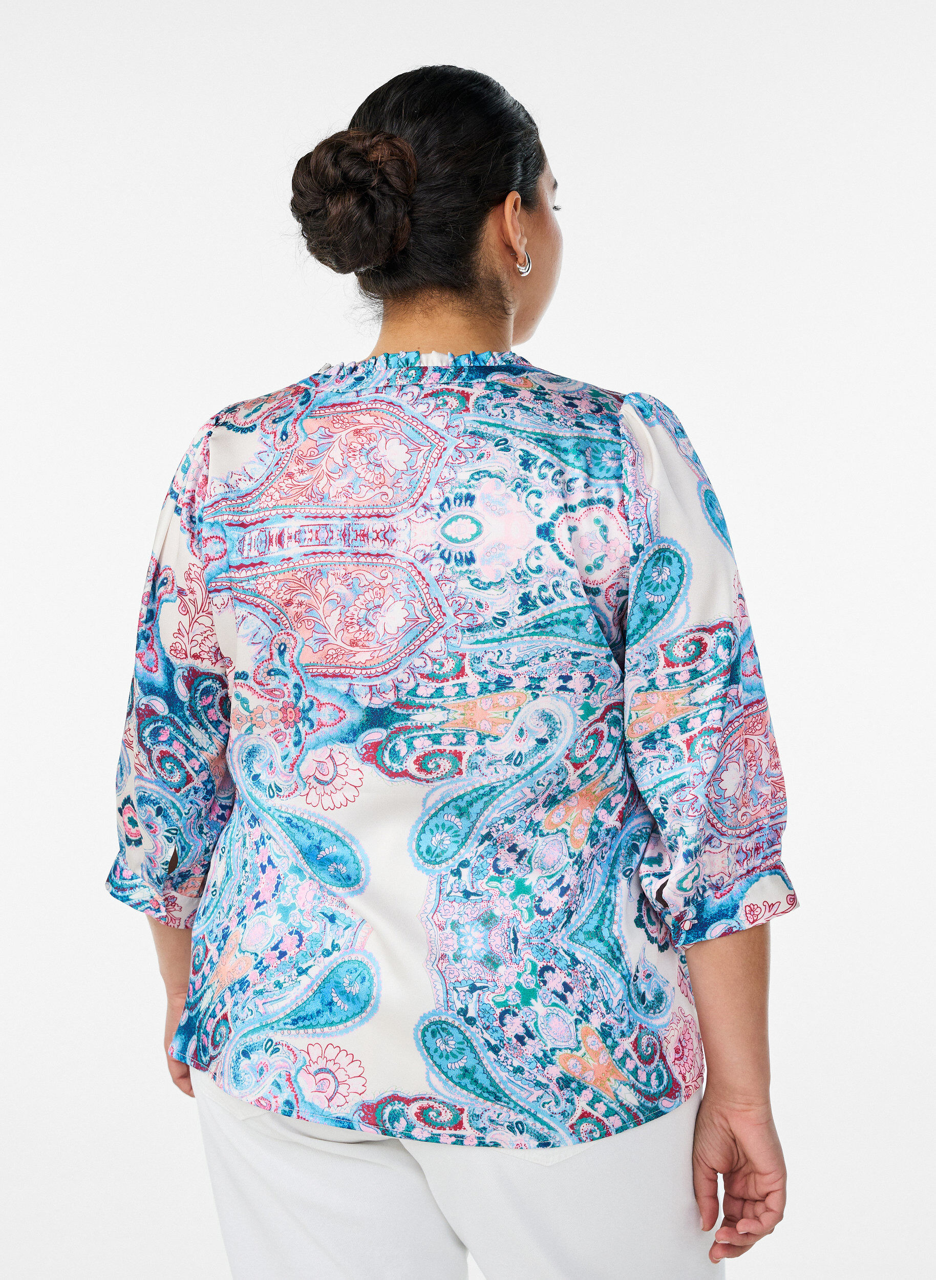 ZizzifashionSatin-look blouse with a paisley print and 3/4 sleeves, Blue, Model image number 2