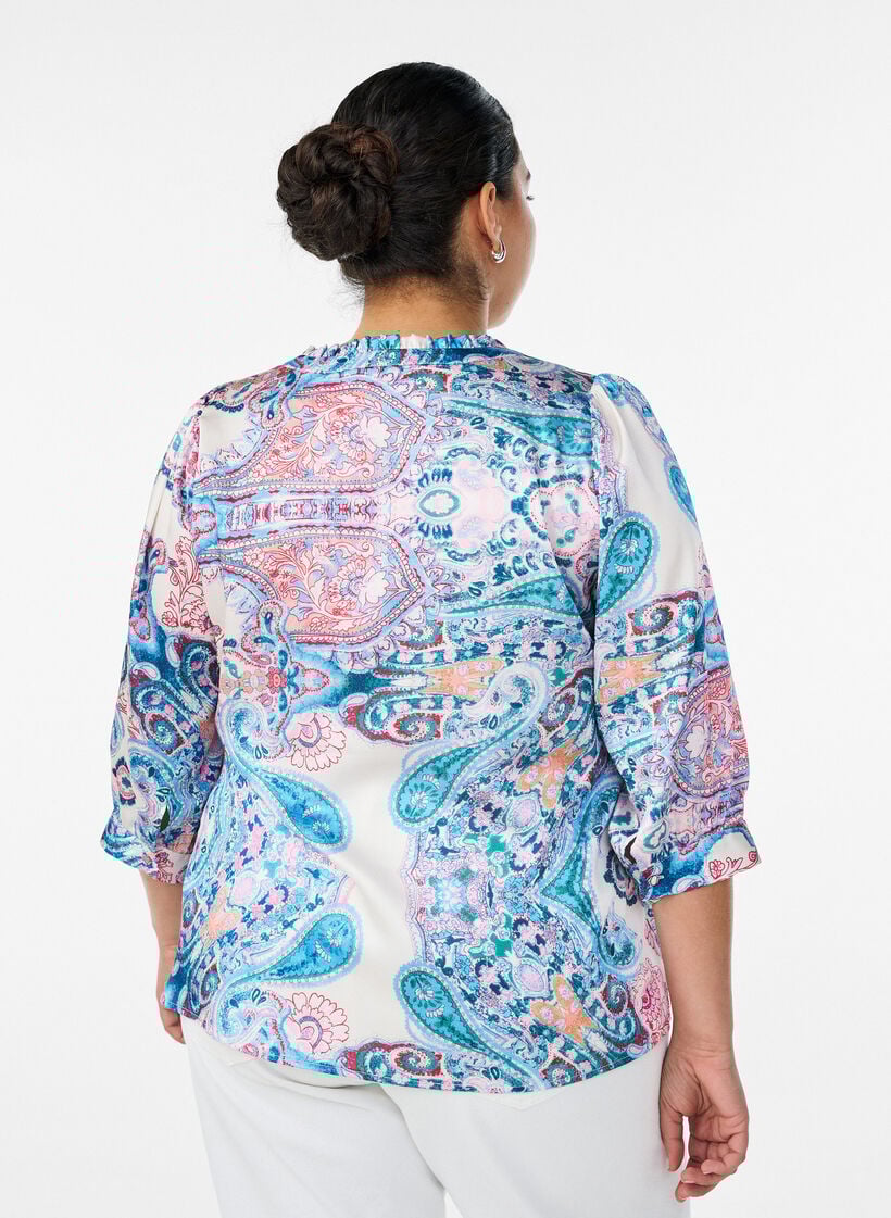Satin-look blouse with a paisley print and 3/4 sleeves, Blue, Model image number 2