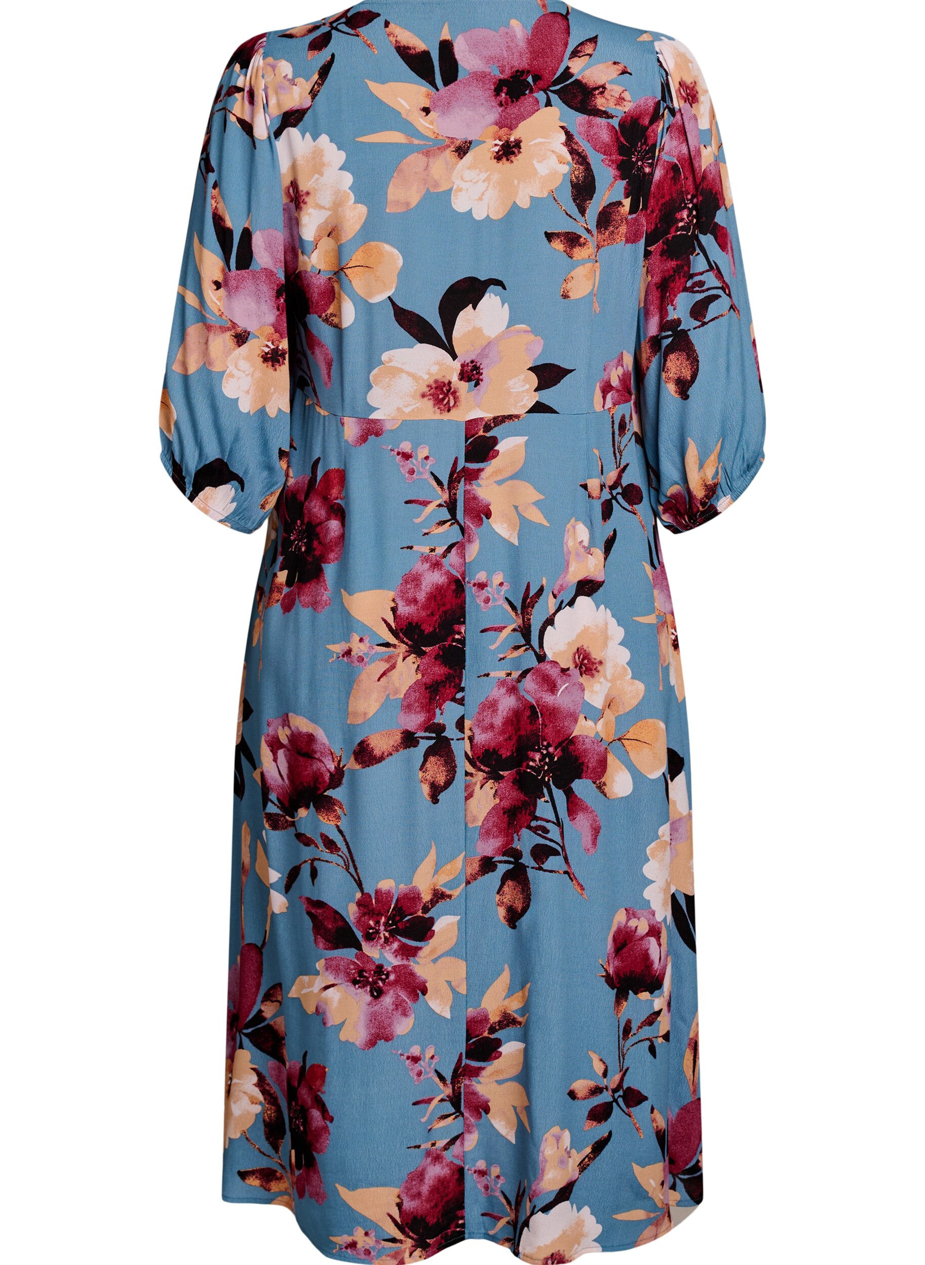 Zizzifashion Midi dress with floral print and 3/4 sleeves, Blue, Packshot image number 1
