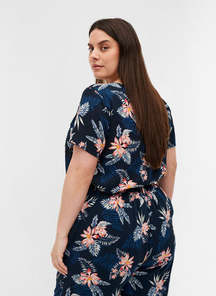 Viscose blouse with print and short sleeves, Blue Flower Leaf AOP, Model image number 1