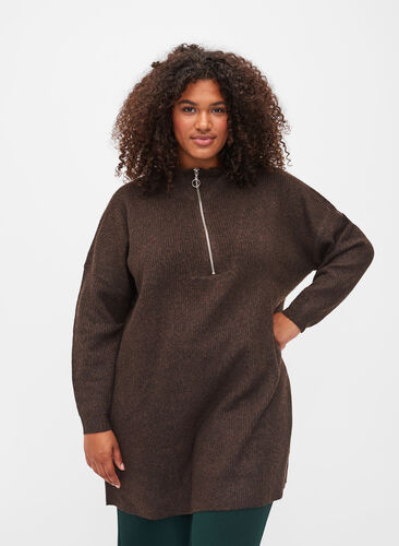 Long knit jumper with zip, Rocky Road Mel., Model image number 0