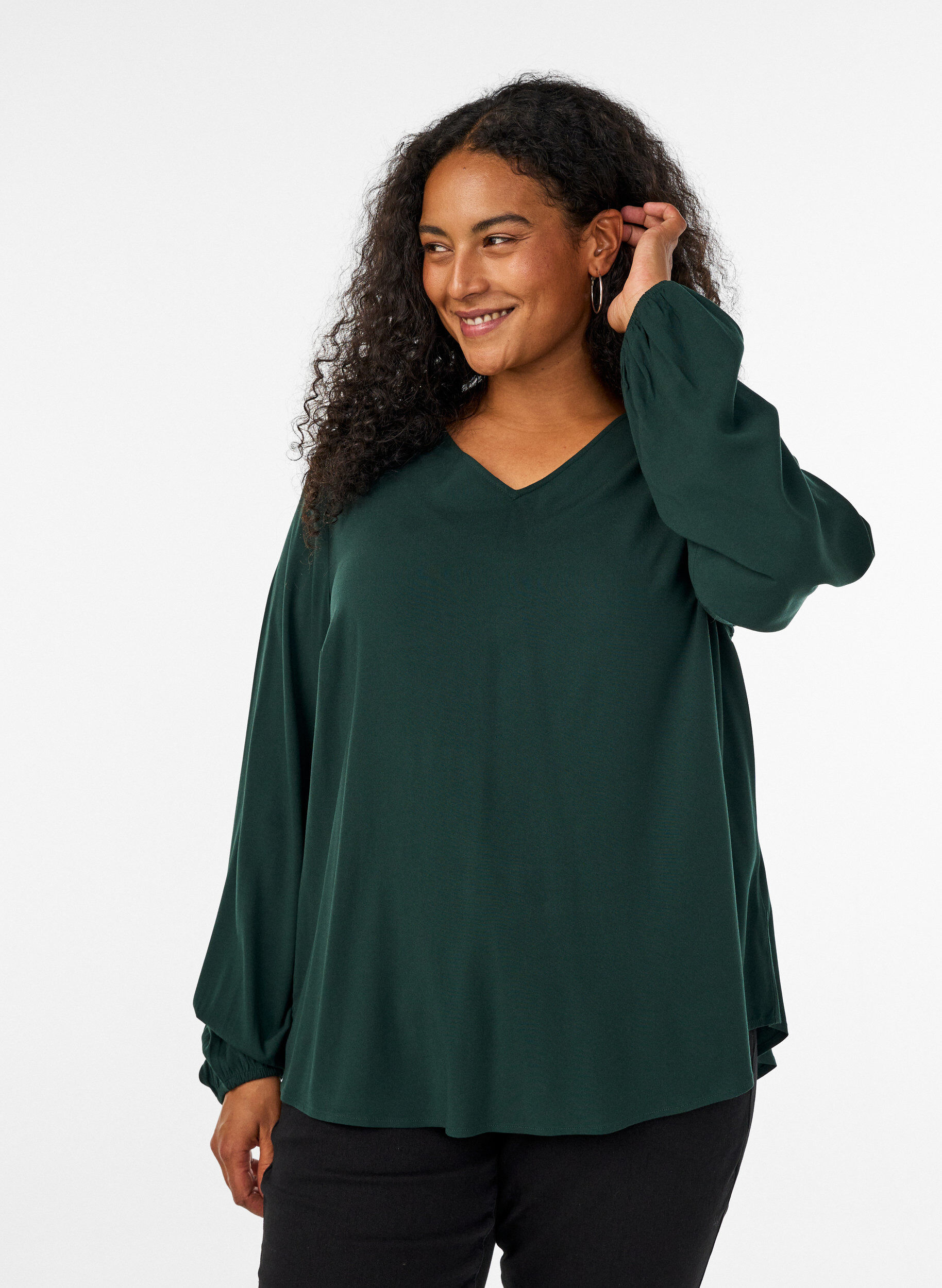 ZizzifashionViscose blouse with V-neck and rounded hem, Green, Model image number 0