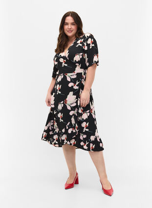 Printed short-sleeved wrap dress, Big Flower AOP, Model image number 2