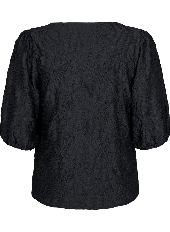 Blouse with texture and 3/4 sleeves, Black, Packshot image number 1
