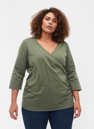 Cotton blouse with 3/4-length sleeves and wrap, Thyme, Model image number 0