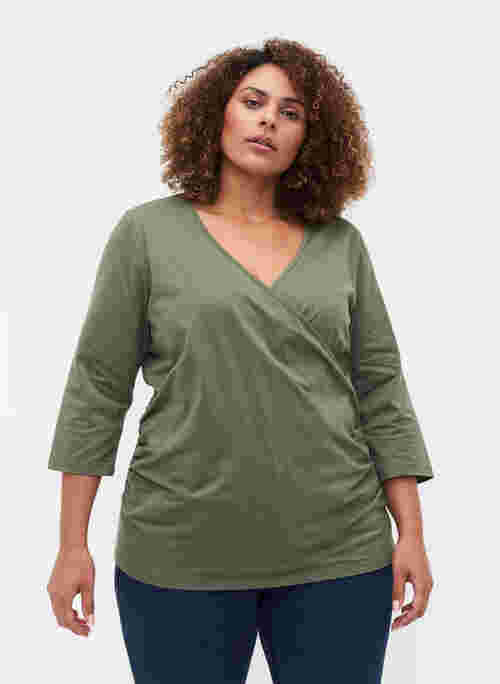 Cotton blouse with 3/4-length sleeves and wrap
