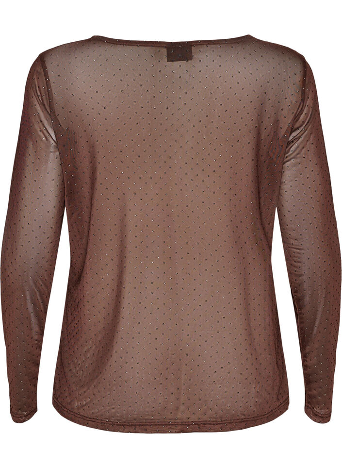 Sheer mesh blouse with rhinestones, Brown, Packshot image number 1