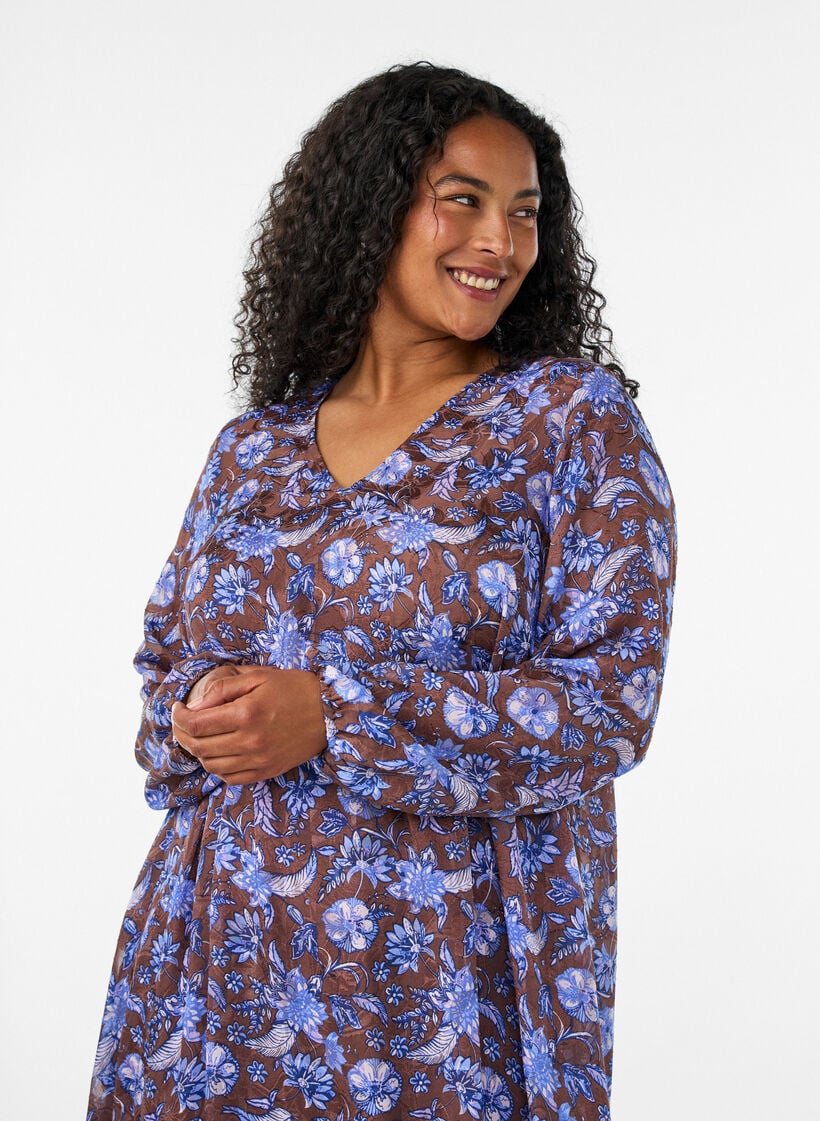 Midi dress with floral print and ruffle hem, Brown, Model image number 2