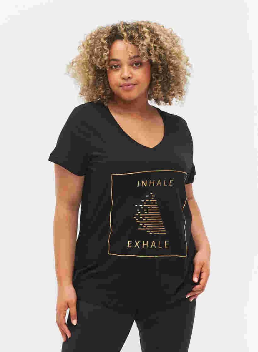 Cotton exercise t-shirt with print, Black w. inhale logo, Model image number 0