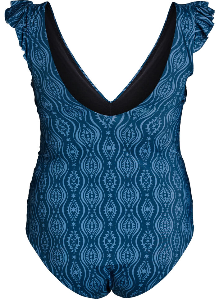 Patterned swimsuit with ruffle details and draping, Petrol, Packshot image number 1