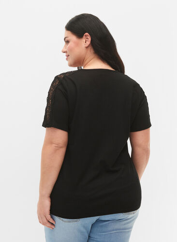 Short-sleeved blouse with lace and v-neck, Black, Model image number 1