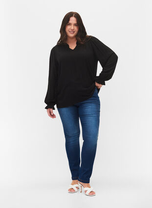 Long-sleeved blouse with smock and ruffle details, Black, Model image number 2
