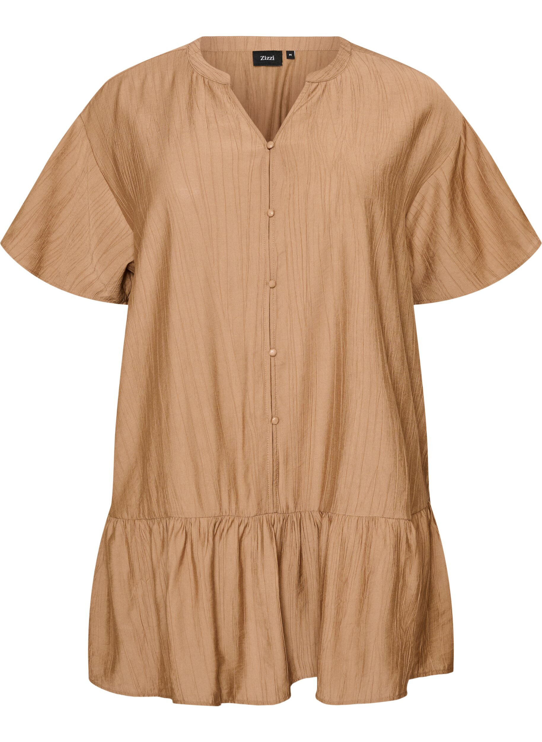 ZizzifashionLoose tunic with crinkled texture and ruffle hem, Brown, Packshot image number 0