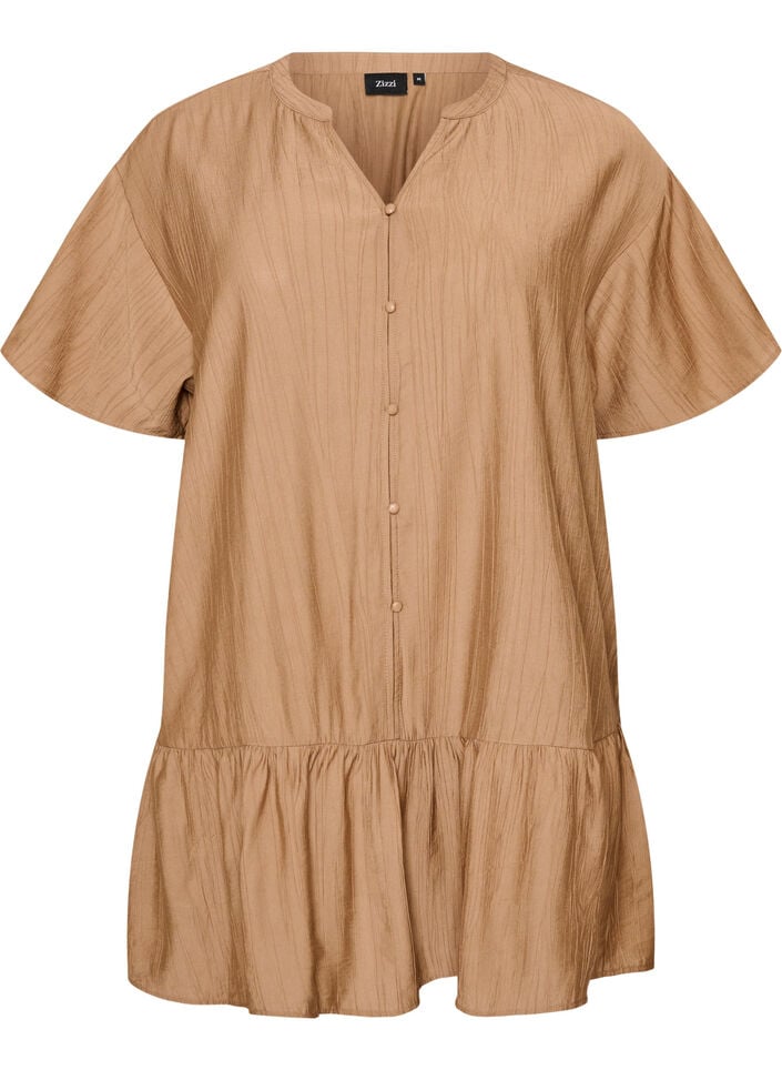 Loose tunic with crinkled texture and ruffle hem, Brown, Packshot image number 0