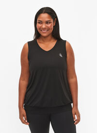 Sleeveless workout top with balloon fit, Black, Model