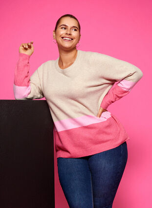 Striped knitted jumper with round neckline, Hot Pink Comb, Model image number 0
