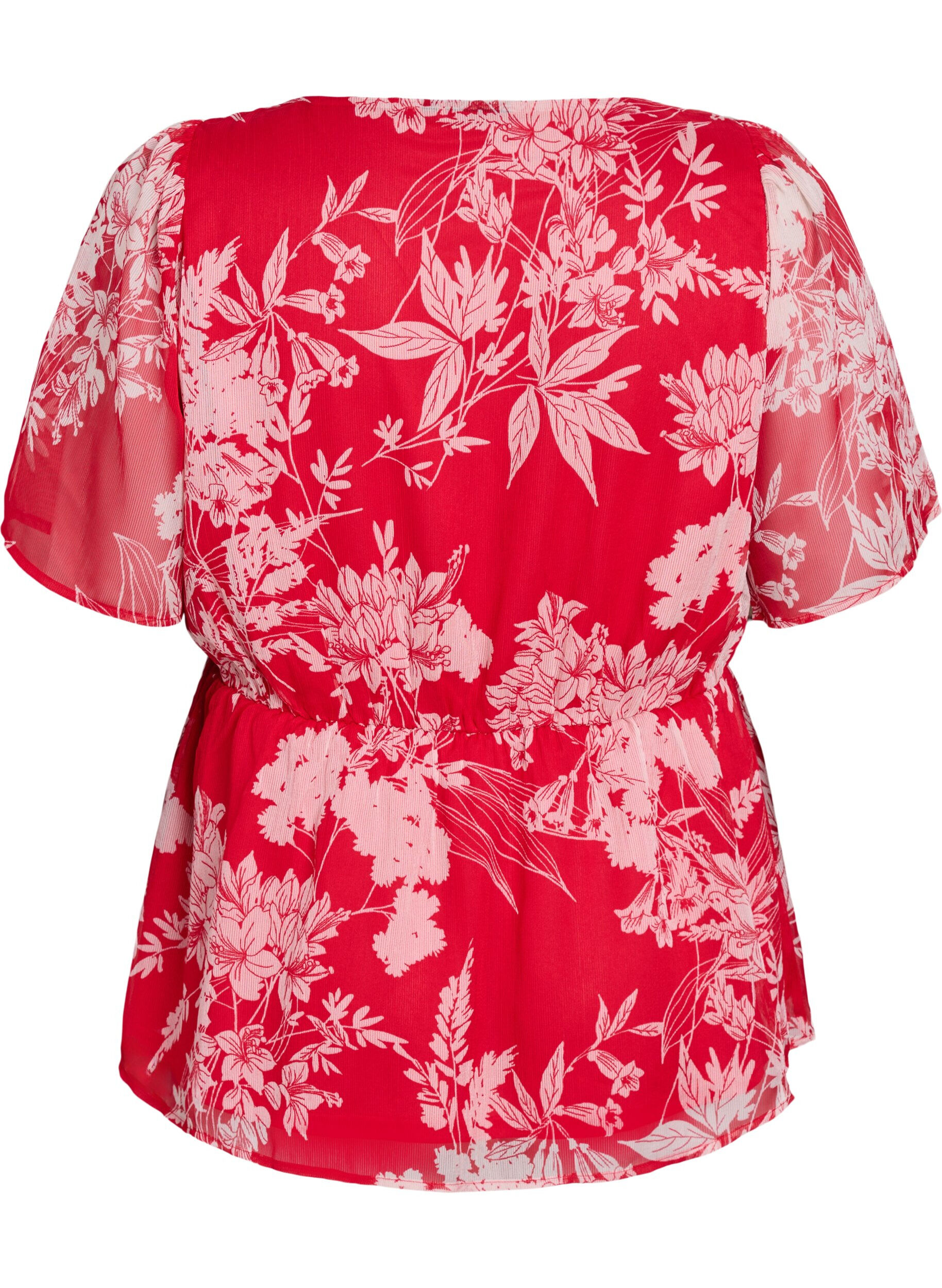 Zizzifashion Floral chiffon blouse with an elasticated waist, Red, Packshot image number 1