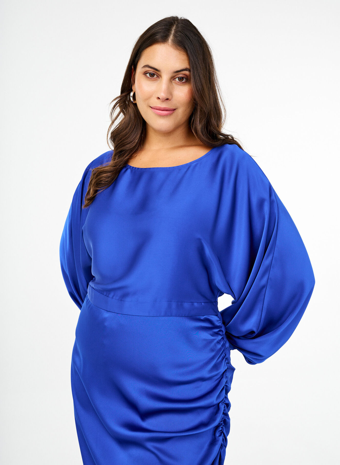 Satin dress with balloon sleeves - Blue - Sz. 40-64 - Zizzifashion Satin dress with balloon sleeves - Blue - Sz. 40-64 - Zizzifashion