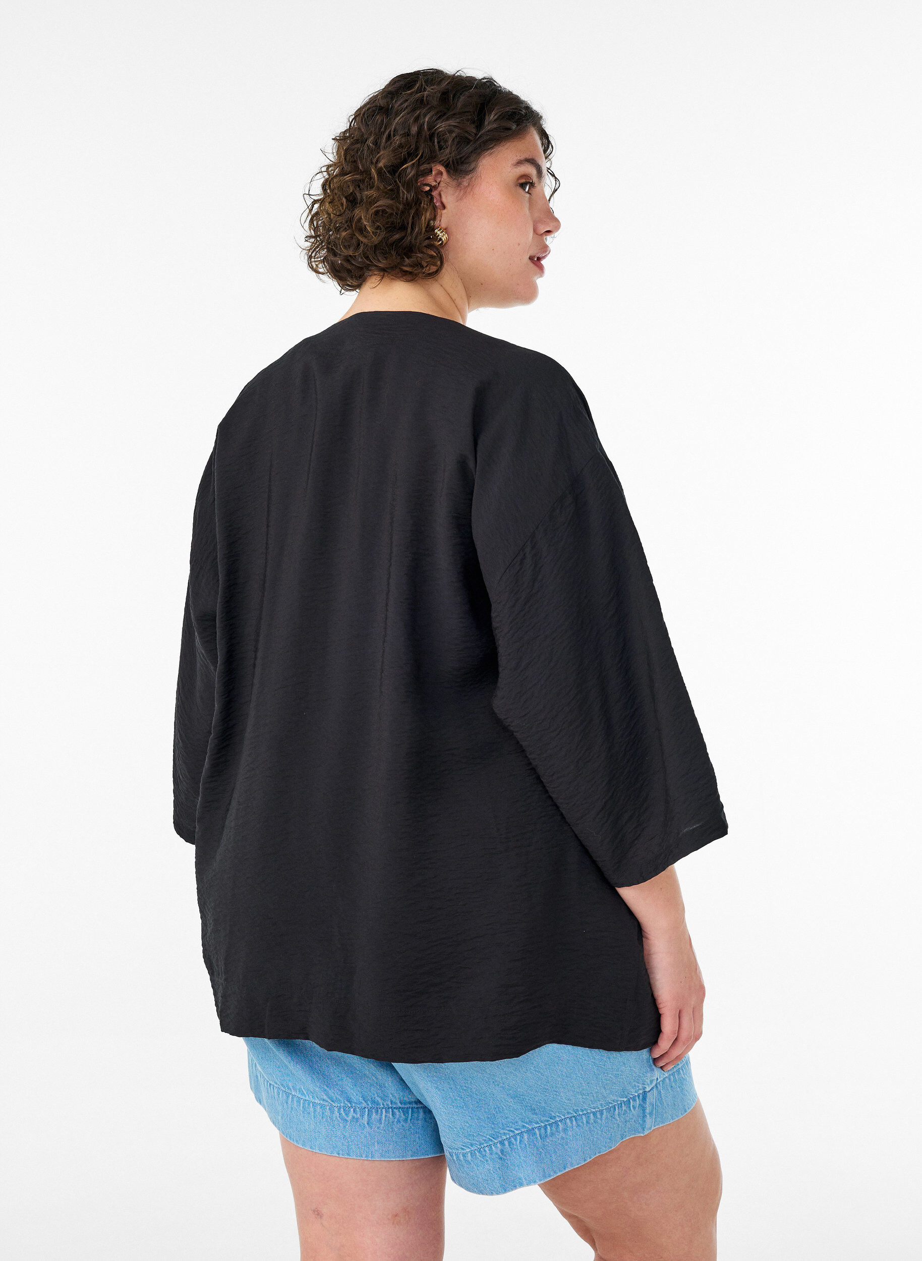 ZizzifashionShort viscose kimono with 3/4 sleeves, Black, Model image number 2