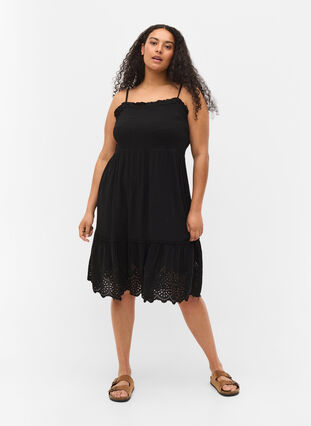 Viscose smock beach dress with embroidery anglaise, Black, Model image number 2