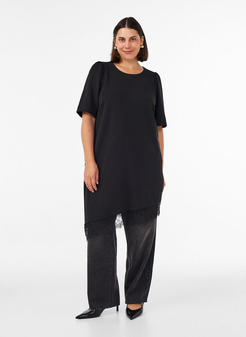 Tunic with asymmetric lace trim, Black, Model image number 1