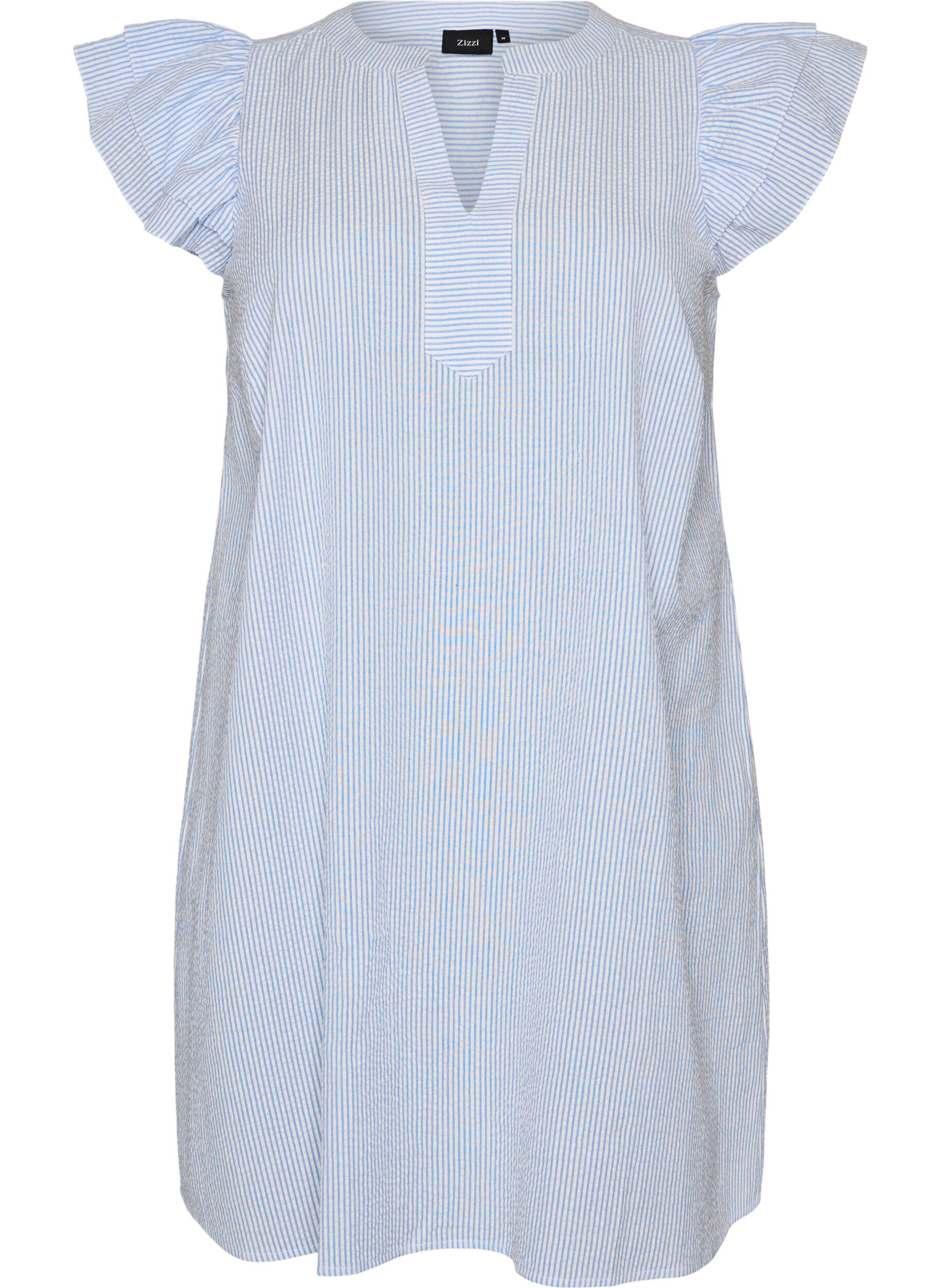 ZizzifashionStriped cotton dress with ruffles and an A-line fit, Light Blue, Packshot image number 0