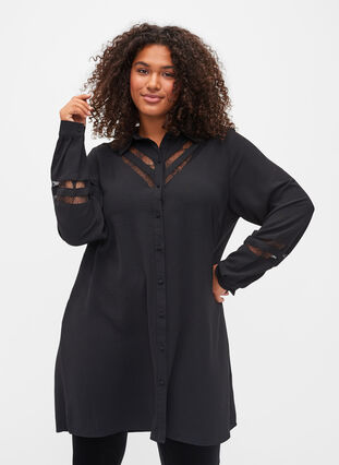 Long shirt with lace details, Black, Model image number 0