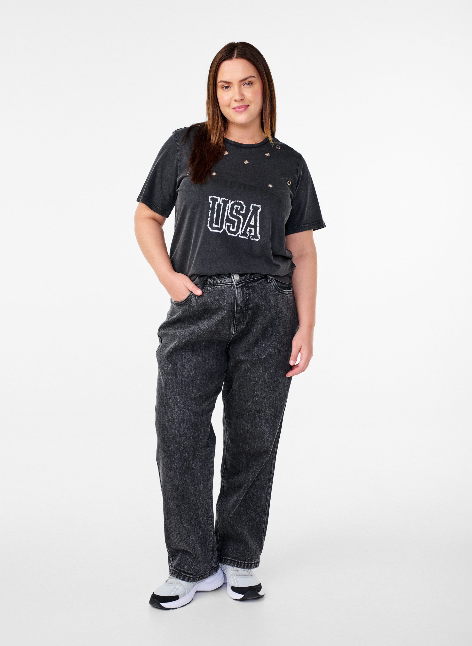 Zizzifashion T-shirt with eyelets and print, Grey Washed , Model image number 2