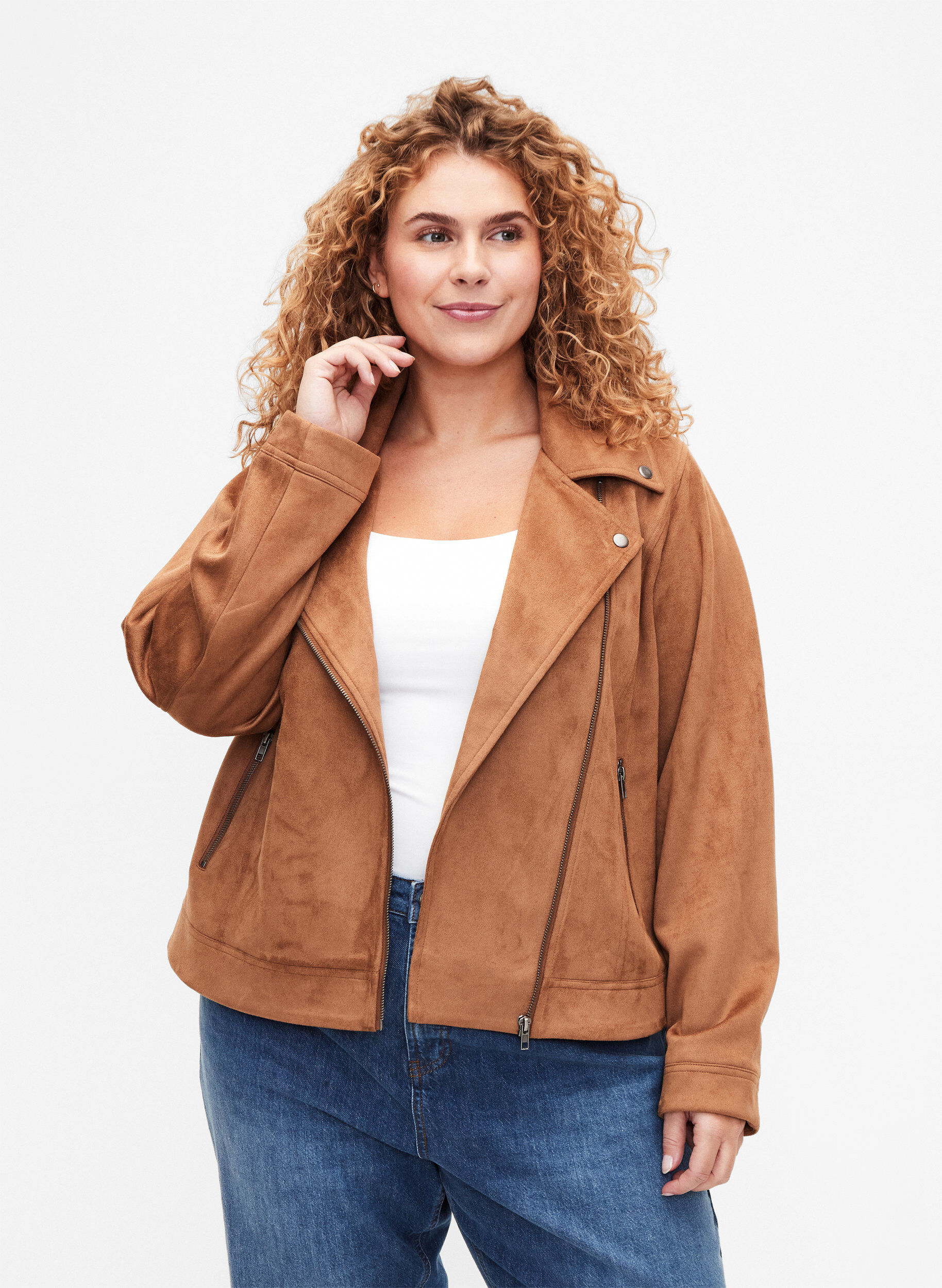 Zizzifashion Biker jacket in faux suede, Toasted Coconut, Model image number 0