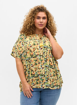Short sleeves blouse in viscose, Yellow  Summer AOP, Model image number 0