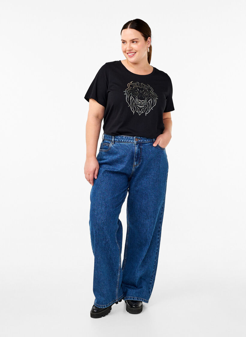 Cotton T-shirt with print, Black w. Silverlion, Model image number 2