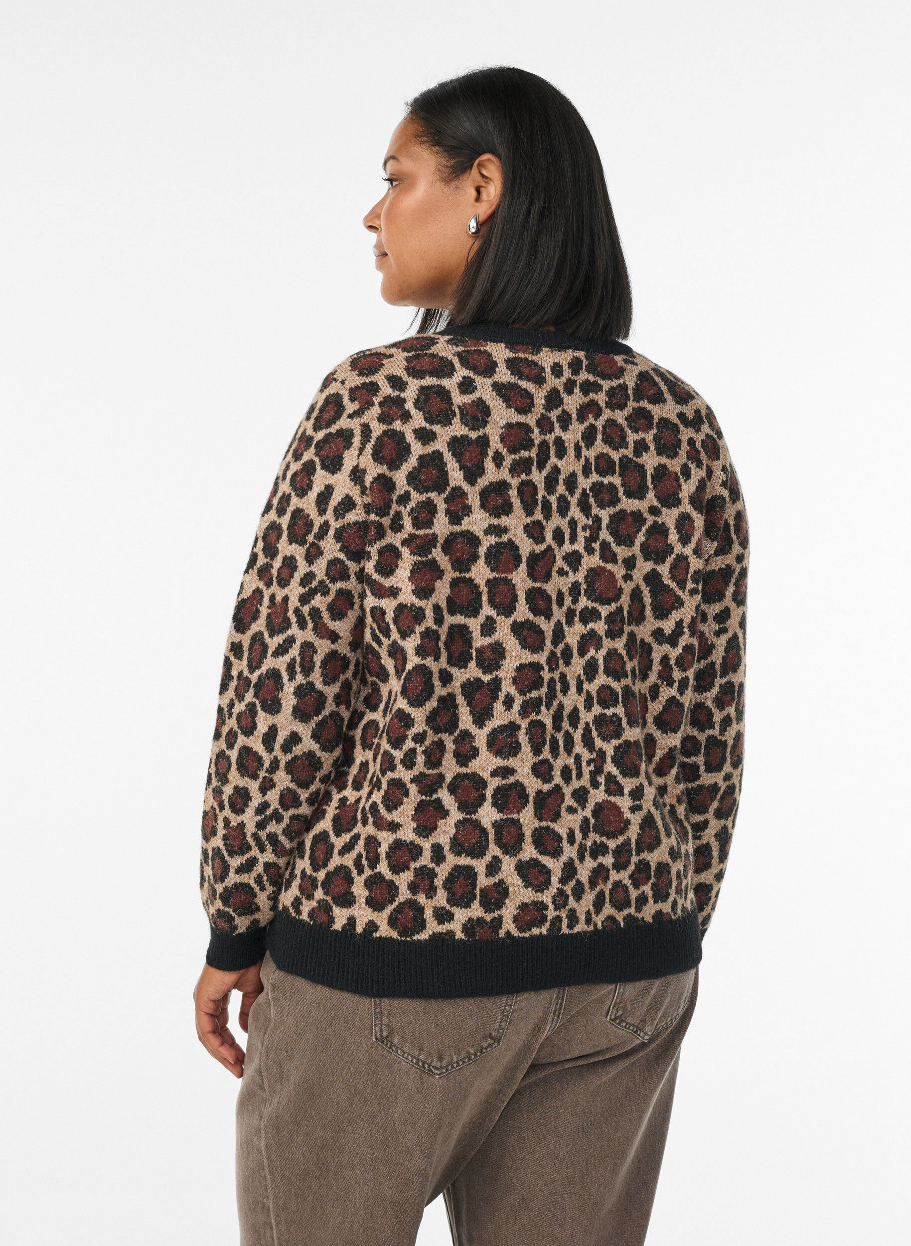 Zizzifashion Cardigan with leopard pattern and contrast trim, Black, Model image number 2