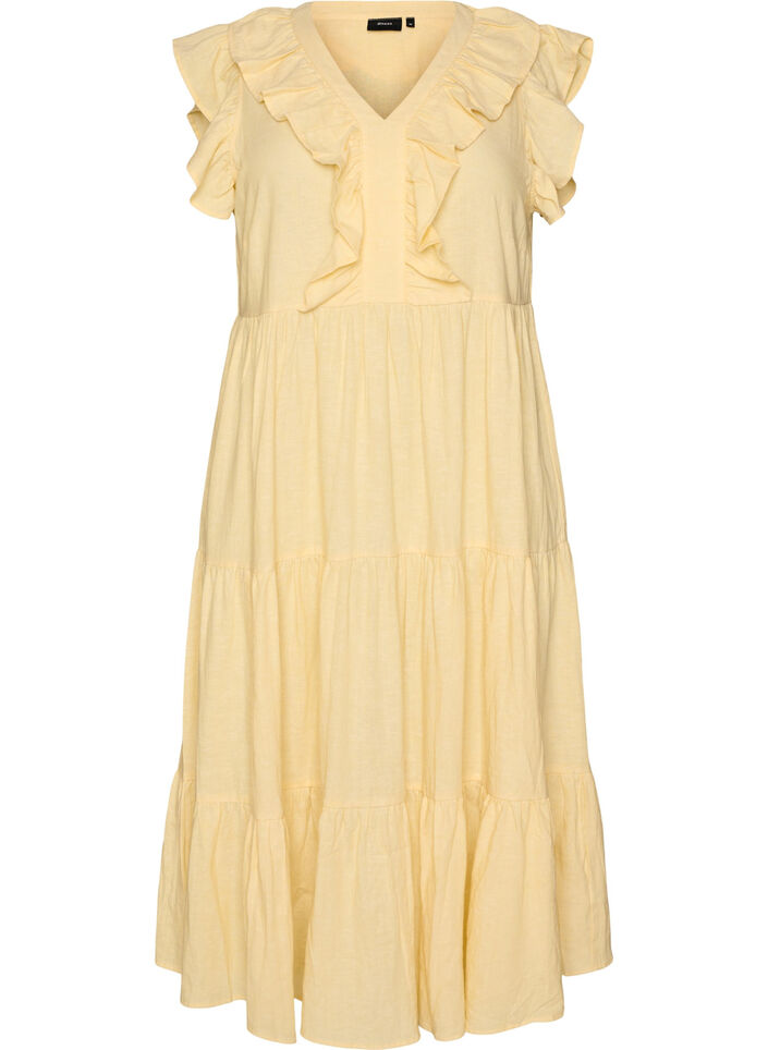 Sleeveless midi dress in linen and viscose with ruffles, Yellow, Packshot image number 0