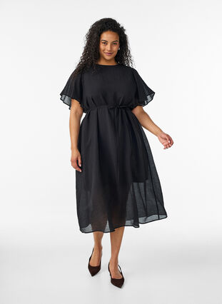 Ankle-length dress with flutter sleeves and tie-waist - Black - Sz. M - Zizzifashion Ankle-length dress with flutter sleeves and tie-waist - Black - Sz. M - Zizzifashion