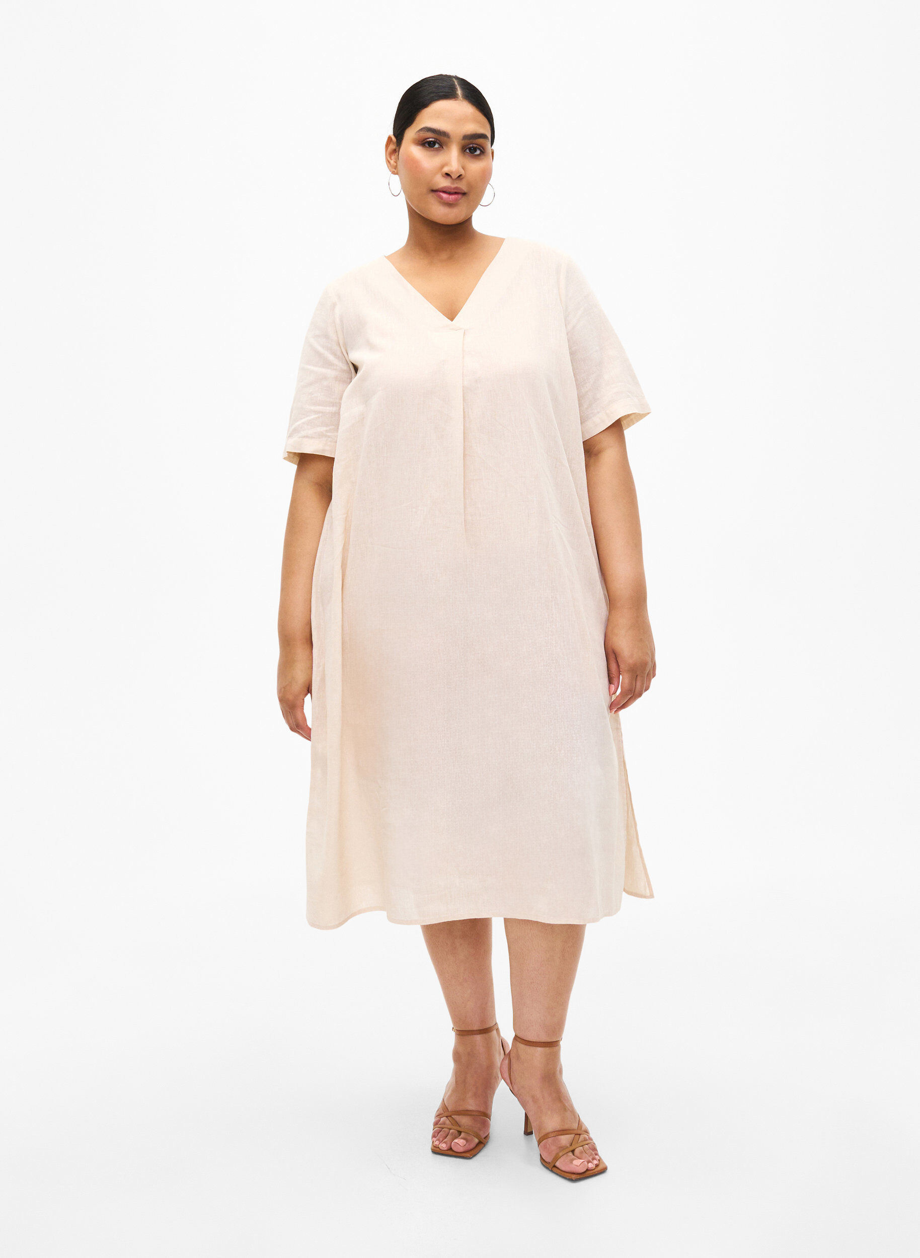 Zizzifashion Cotton blend kaftan dress with linen, Beige, Model image number 1