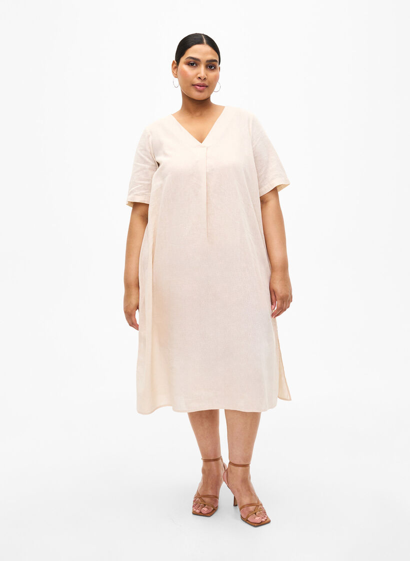 Cotton blend kaftan dress with linen, Beige, Model image number 1