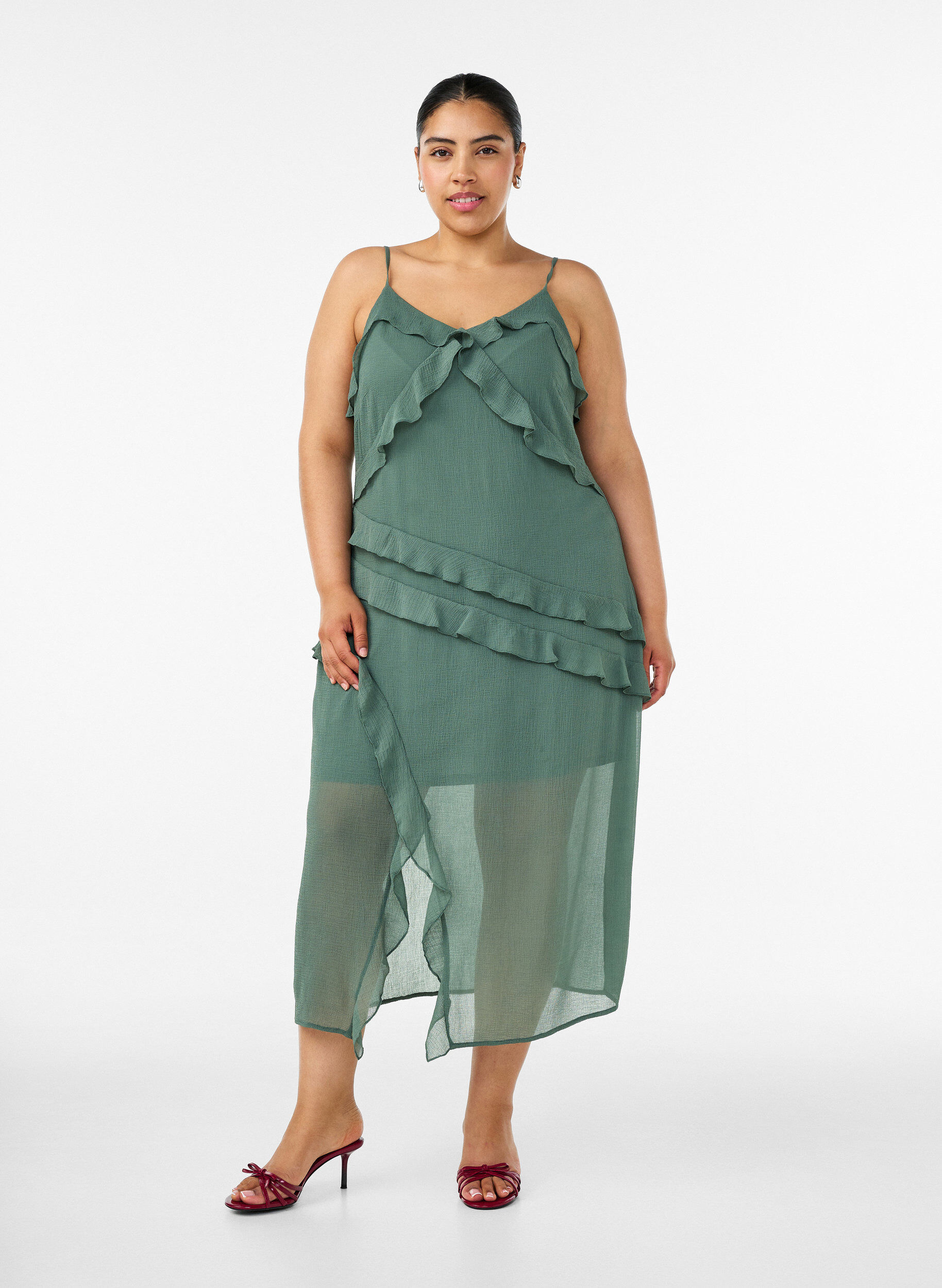 Chiffon dress with asymmetrical ruffles, Green, Model