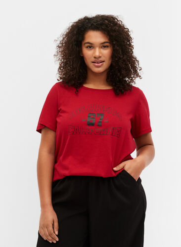 Cotton t-shirt with print on the front, Tango Red LOS , Model image number 0