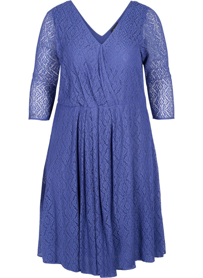 V-neck lace dress with 3/4 sleeves, Blue, Packshot image number 0